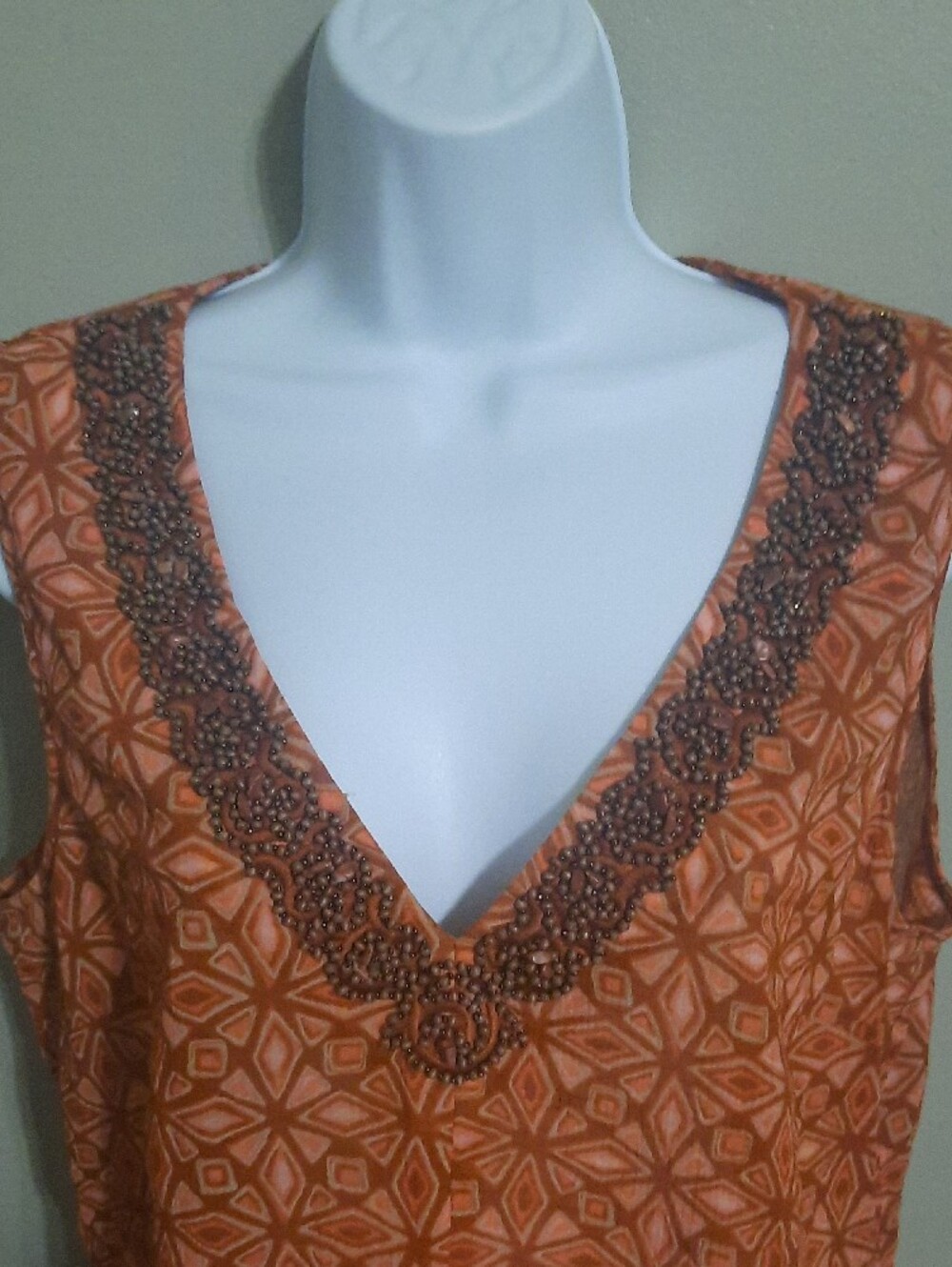 Tommy Bahama Orange Geometric V-Neck Beaded-Trim Blouse - Picture 3 of 6